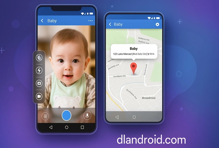 TrackView banner showing live baby video and location map on two smartphones