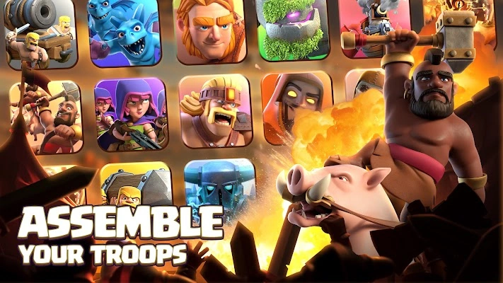Clash of Clans troops including barbarians, archers, and dragons