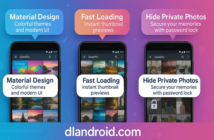 QuickPic Mod screenshot showing material design, fast loading, and private photo lock features
