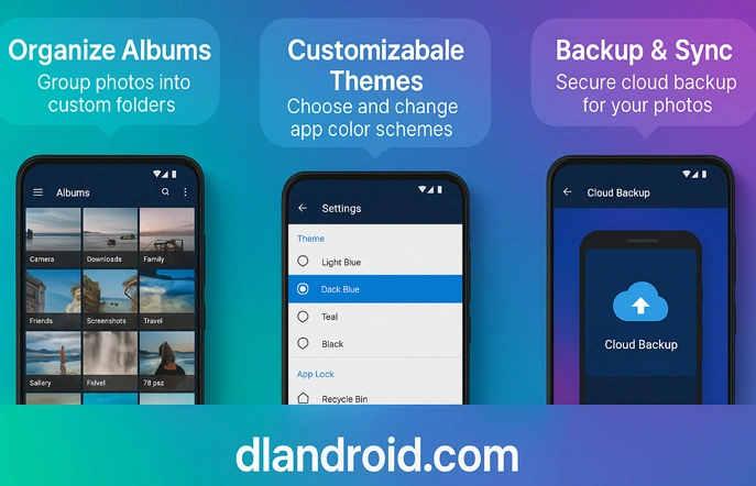 Screenshot of QuickPic Gallery Mod showing album view, theme options, and cloud backup setting