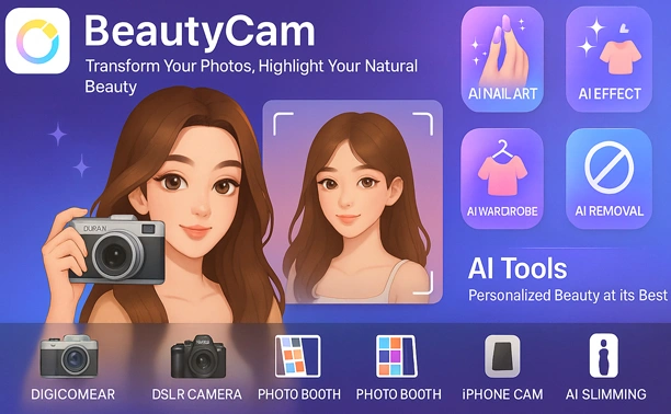 BeautyCam Mod APK portrait editor showing AI beauty tools and effects